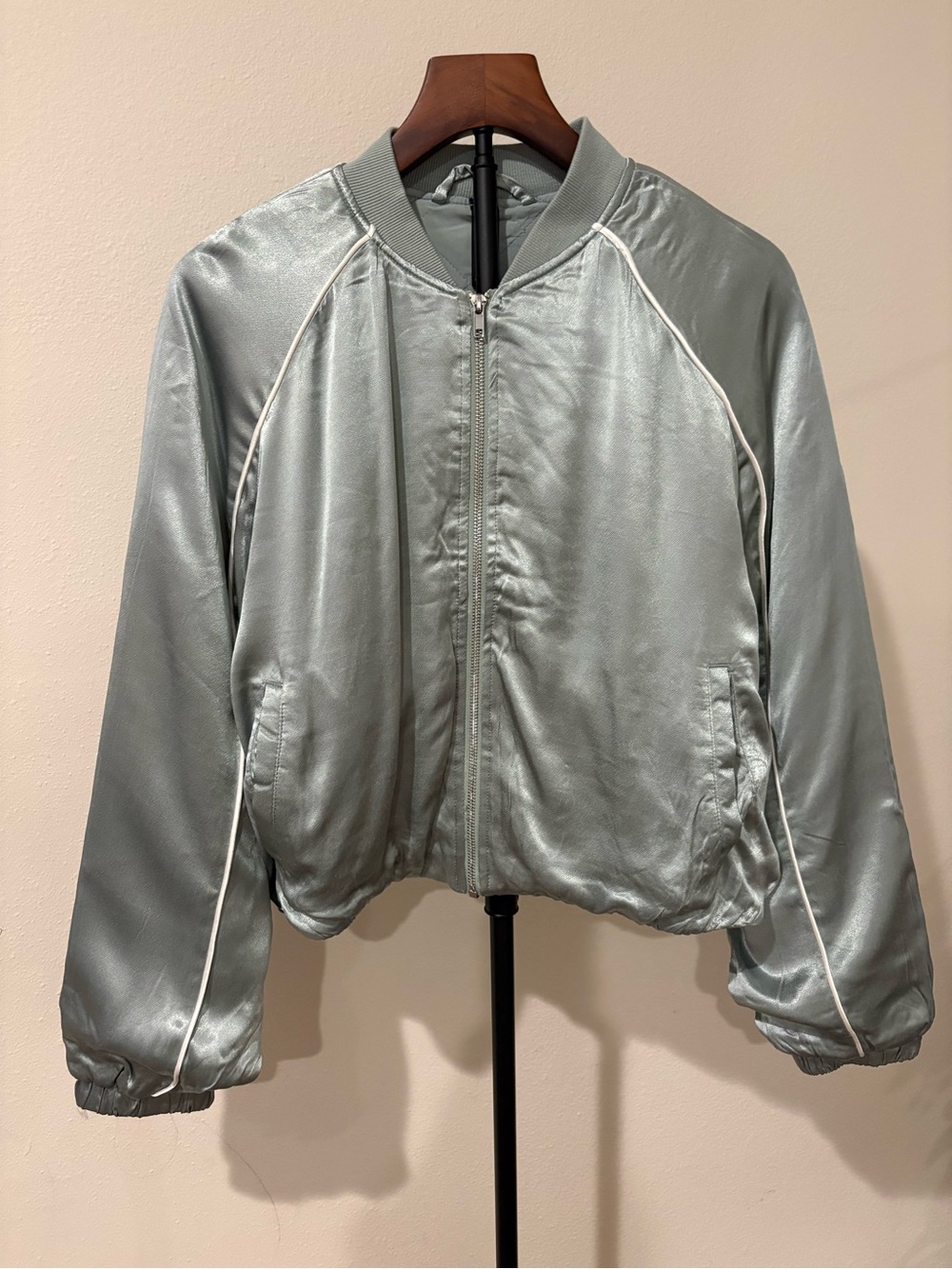 all in motion Satin Bomber Jacket in Light Sage with White Piping M